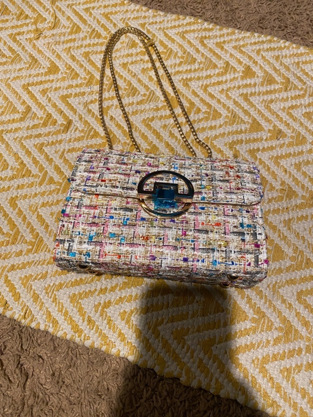 Multicolor Tweed Crossbody Bag with Gold Chain and Flap Lock NWOT